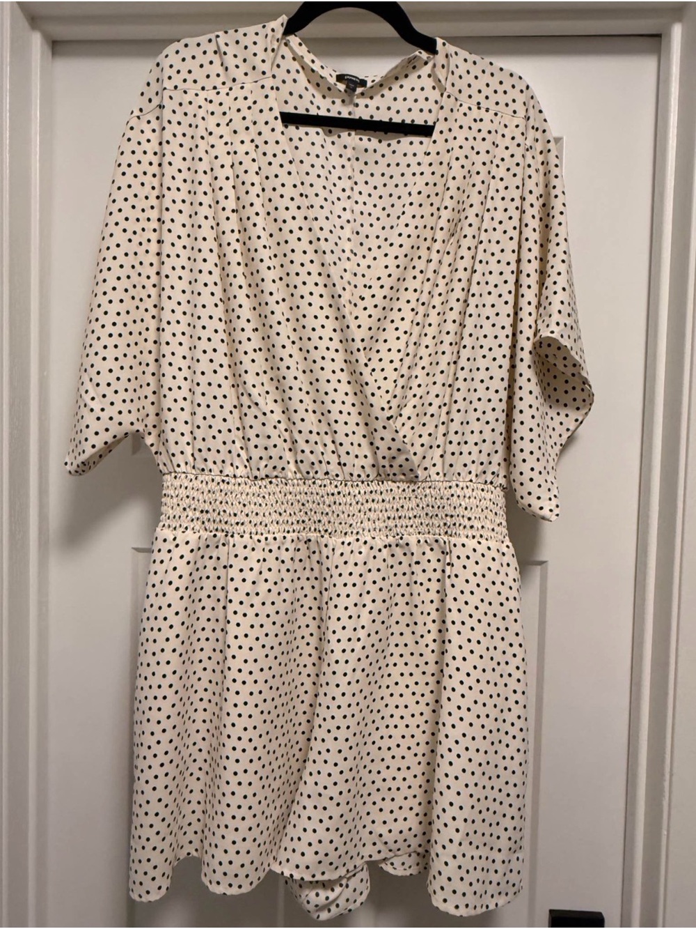 Express Cream Polka Dot Short Sleeve Smocked Waist Romper